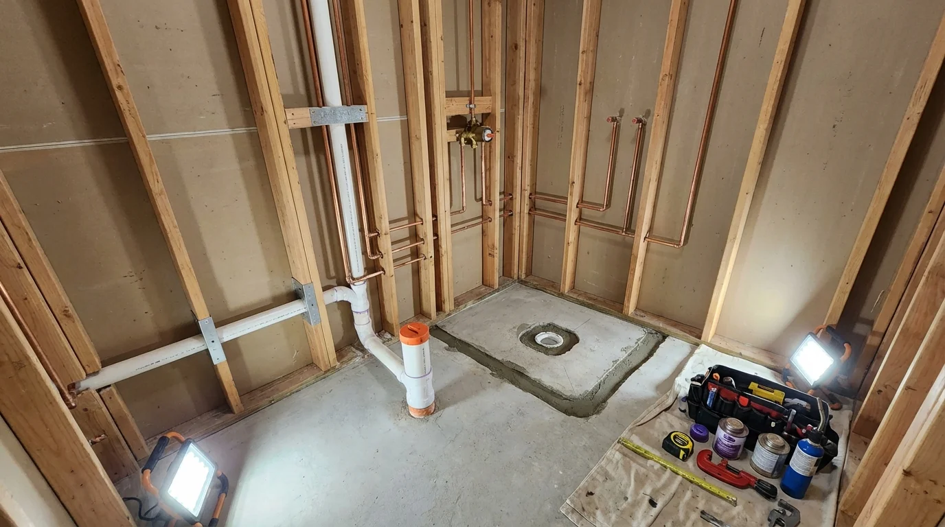 Bathroom rough-in plumbing during remodel by Johns Plumbing LLC in North Hero