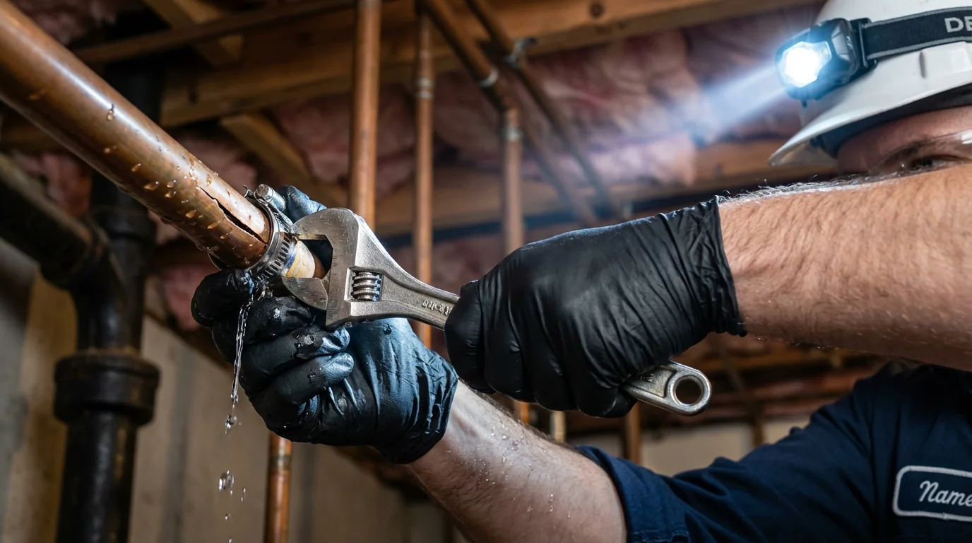 Emergency pipe clamp repair being performed by a Johns Plumbing LLC plumber in North Hero