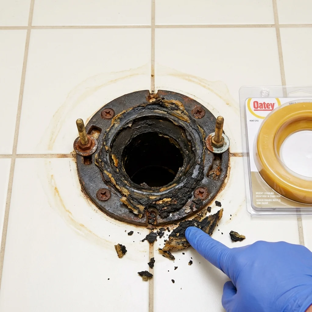Failed wax ring showing water seepage at the base of a toilet in a North Hero, VT home