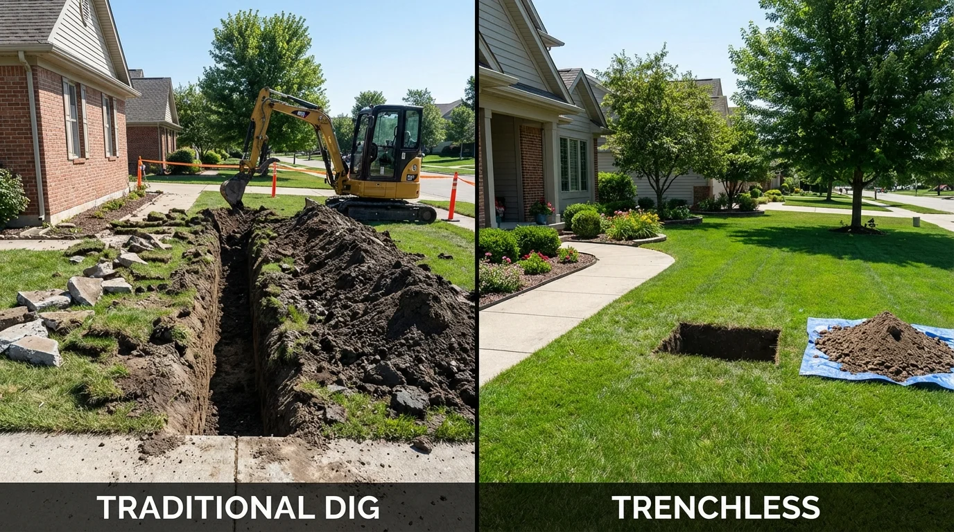 Trenchless sewer repair with minimal yard damage versus traditional excavation in North Hero, VT